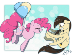 Size: 1300x1000 | Tagged: safe, artist:probablyfakeblonde, pinkie pie, wild fire, g4, balloon, flying, then watch her balloons lift her up to the sky