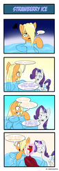 Size: 660x1914 | Tagged: safe, artist:reikomuffin, applejack, rarity, earth pony, pony, unicorn, g4, 4 panel comic, 4koma, comic, frozen, ice, implied lesbian, implied licking, implied rarijack, implied shipping, licking, licking lips, syrup, tongue out