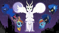 Size: 1920x1080 | Tagged: safe, artist:adcoon, descent, nightshade, princess luna, rainbow dash, twilight sparkle, pony, g4, clothes, costume, fanfic, fanfic art, shadowbolts, shadowbolts costume, show accurate
