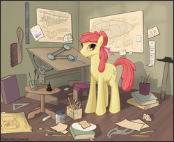 Size: 1091x889 | Tagged: safe, artist:marbleyarns, apple bloom, earth pony, pony, g4, airship, blueprint, book, engineering, female, interior, looking at you, messy, older, paintbrush, pencil, smiling, solo, standing, table