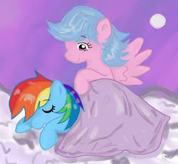 Size: 1423x1317 | Tagged: safe, artist:chiuuchiuu, firefly, rainbow dash, pegasus, pony, g1, g4, blanket, duo, eyes closed, female, firefly as rainbow dash's mom, g1 to g4, generation leap, mare, sleeping, tucking in