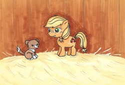 Size: 2210x1512 | Tagged: safe, artist:chiuuchiuu, applejack, winona, dog, g4, 2011, description in comments, female, filly, filly applejack, puppy, traditional art, younger