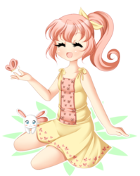 Size: 753x944 | Tagged: safe, artist:amai--kiss, fluttershy, human, rabbit, g4, animal, chibi, clothes, dress, female, flattershy, humanized, simple background, small breasts, solo, transparent background