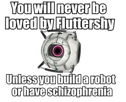 Size: 928x748 | Tagged: safe, fluttershy, g4, fact, fact core, image macro, meta, personality core, portal (valve), portal 2, sad but true, you will never x