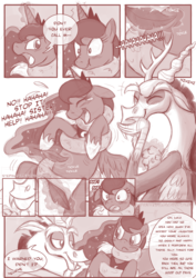 Size: 850x1202 | Tagged: safe, artist:stepandy, discord, princess luna, comic:mark of chaos, g4, adorable distress, coils, crying, cute, dialogue, eyes closed, laughing, make it stop, monochrome, scrunchy face, tears of laughter, tickle torture, tickling, ticklish tummy