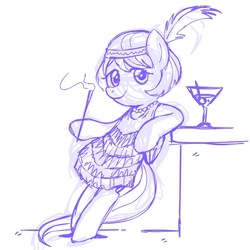 Size: 945x945 | Tagged: safe, artist:megasweet, fluttershy, pony, g4, 20s, alcohol, bipedal, bipedal leaning, cigarette, clothes, dress, drink, feather, female, flapper, leaning, monochrome, necklace, solo