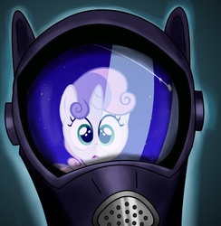 Size: 600x615 | Tagged: safe, artist:blueshift, sweetie belle, pony, unicorn, g4, fanfic, fanfic art, fanfic cover, female, filly, foal, gas mask, looking at you, mask, reflection, solo