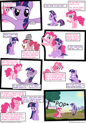 Size: 1080x1555 | Tagged: safe, artist:decoherence, pinkie pie, twilight sparkle, g4, bench, breaking the fourth wall, bubble pipe, comic, confused, eyes closed, floppy ears, frown, happy, jumping, looking down, panel, pipe, raised hoof, shocked, sun, thinking, tree