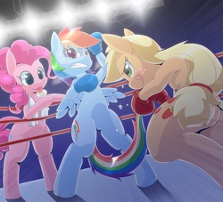 Size: 855x777 | Tagged: safe, artist:oze, applejack, pinkie pie, rainbow dash, earth pony, pegasus, pony, g4, bipedal, black eye, boxing, boxing gloves, boxing ring, butt, plot, teary eyes, trio