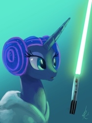 Size: 840x1120 | Tagged: safe, artist:grissaecrim, princess luna, alicorn, pony, g4, alternate hairstyle, crossover, energy weapon, female, glowing horn, horn, levitation, lightsaber, magic, mare, princess leia, solo, star wars, telekinesis, weapon