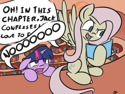 Size: 4000x3000 | Tagged: safe, artist:manicpanda, fluttershy, twilight sparkle, pegasus, pony, unicorn, g4, blushing, book, crying, discorded, duo, female, floppy ears, flutterbitch, golden oaks library, mare, pure unfiltered evil, reading, sitting, spoiler, spread wings, wings