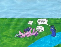 Size: 900x695 | Tagged: safe, artist:zeldatheswordsman, hollywood (g1), lily (g1), oc, flutter pony, sea pony, g1, crash, female, implied lesbian, male, mare, not what it looks like, river, shoo be doo
