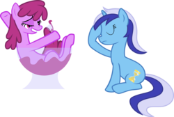 Size: 7000x4713 | Tagged: safe, artist:ambassad0r, berry punch, berryshine, minuette, earth pony, pony, unicorn, g4, absurd resolution, drunk, female, lesbian, ship:berrygate, shipping, simple background, transparent background, vector