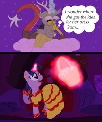 Size: 1675x1994 | Tagged: safe, artist:cartuneslover16, discord, twilight sparkle, pony, unicorn, g4, beauty and the beast, clothes, dress, fanfic, female, male, mare, ship:discolight, shipping, story included, straight, unicorn twilight