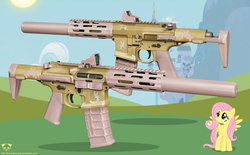 Size: 1280x795 | Tagged: safe, artist:the bad panda2, fluttershy, g4, 3d, aac honey badger, gun, gunified, meta, my little arsenal, picatinny rail, reflex sight, rifle, suppressor