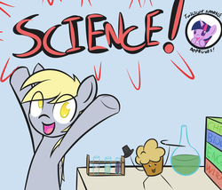 Size: 3000x2569 | Tagged: safe, artist:manicpanda, derpy hooves, twilight sparkle, pegasus, pony, g4, book, cane, cute, female, flask, happy, hat, high res, hooves in air, looking at you, mare, muffin, open mouth, science, smiling, solo, that pony sure does love science, top hat, vial, wat