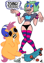 Size: 636x900 | Tagged: safe, artist:curtsibling, scootaloo, oc, oc:pegaslut, human, g4, clothes, drool, open mouth, panties, scooter, simple background, socks, striped socks, style emulation, transparent background, underwear