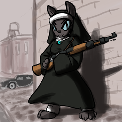 Size: 800x800 | Tagged: safe, artist:moronsonofboron, oc, oc only, diamond dog, car, female, female diamond dog, gun, kar98, nun, nun outfit, rifle, solo