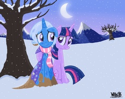 Size: 2785x2220 | Tagged: safe, artist:walliscolours, trixie, twilight sparkle, g4, clothes, female, high res, lesbian, moon, scarf, ship:twixie, shipping, snow, snowfall, winter