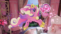 Size: 853x480 | Tagged: dead source, safe, screencap, princess cadance, alicorn, pony, g4, official, commercial, cute, cutedance, flying, irl, my little pony logo, open mouth, photo, ponies in real life, pony wedding, solo, youtube link