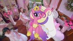 Size: 853x480 | Tagged: dead source, safe, screencap, princess cadance, alicorn, bird, human, pony, g4, official, clothes, commercial, cute, cutedance, dress, flying, irl, open mouth, photo, ponies in real life, pony wedding, vector, wedding dress, youtube link