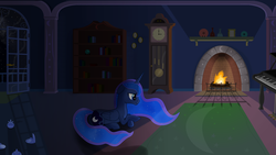 Size: 2560x1440 | Tagged: safe, artist:regolithx, princess luna, pony, g4, book, clock, female, fire, fireplace, musical instrument, night, piano, solo