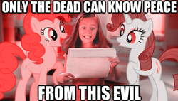 Size: 579x328 | Tagged: safe, pinkie pie, rarity, human, g4, image macro, meme, only the dead can know peace from this evil