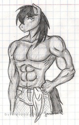 Size: 606x957 | Tagged: safe, artist:hasana-chan, full steam, promontory, anthro, g4, abs, clothes, hand on hip, muscles, pecs, sketch, stupid sexy promontory, topless