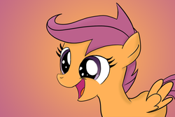 Size: 900x600 | Tagged: safe, artist:teknibaal, scootaloo, pegasus, pony, g4, female, filly, gradient background, open mouth, smiling, solo, spread wings, three quarter view, wings