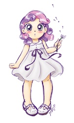 Size: 1336x2228 | Tagged: safe, artist:chibi-jen-hen, sweetie belle, human, g4, blushing, child, clothes, cute, dandelion, diasweetes, dress, female, flower, humanized, mary janes, simple background, weapons-grade cute, white background