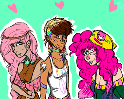 Size: 1280x1024 | Tagged: safe, artist:tacocanon, fluttershy, pinkie pie, rainbow dash, human, g4, choker, cleavage, clothes, dark skin, fashion, female, hippie, hipster, humanized, midriff, natural hair color, piercing, tank top