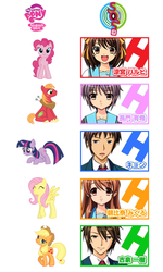 Size: 430x717 | Tagged: safe, applejack, big macintosh, fluttershy, pinkie pie, twilight sparkle, earth pony, pony, g4, asahina mikuru, comparison, crossover, japanese, koizumi itsuki, kyon, male, melancholy of haruhi suzumiya, nagato yuki, stallion, suzumiya haruhi