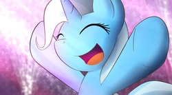 Size: 1960x1080 | Tagged: safe, artist:dshou, trixie, g4, :d, ^^, abstract background, bust, eyes closed, happy, hooves in air, missing accessory, open mouth, open smile, smiling, solo, y pose