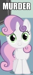 Size: 186x418 | Tagged: safe, sweetie belle, pony, g4, c:, dissonant caption, female, head tilt, image macro, looking at you, murder, one word, smiling, solo, text