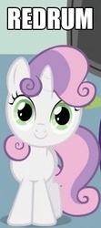 Size: 186x418 | Tagged: safe, sweetie belle, pony, g4, c:, female, head tilt, image macro, looking at you, murder, one word, redrum, smiling, solo, the shining