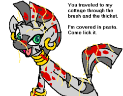 Size: 357x278 | Tagged: safe, artist:echidnajoe, artist:vinny van yiffy, zecora, pony, zebra, g4, dialogue, ear piercing, earring, female, jewelry, pasta, piercing, quadrupedal, simple background, solo, spaghetti, text, wat, white background