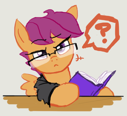 Size: 700x642 | Tagged: safe, artist:moronsonofboron, scootaloo, pony, g4, book, female, glasses, hipster, hipsterloo, solo