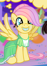 Size: 162x226 | Tagged: safe, artist:sorcerushorserus, fluttershy, g4, alternate hairstyle, braces, clothes, comic, cropped, dress