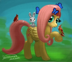 Size: 1200x1035 | Tagged: safe, artist:binarystarvv93, angel bunny, fluttershy, bird, butterfly, g4