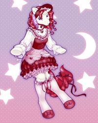 Size: 576x720 | Tagged: safe, artist:ponygirl, moondancer (g1), unicorn, anthro, unguligrade anthro, g1, 2008, arm hooves, bloomers, bow, clothes, crescent moon, cute, dress, female, gradient background, jewelry, lolita fashion, looking at you, mare, moon, necklace, patterned background, petticoat, ringlets, shoes, socks, solo, stars, stockings, tail, tail bow, thigh highs, transparent sleeves