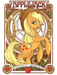 Size: 611x800 | Tagged: dead source, safe, artist:hezaa, applejack, earth pony, pony, g4, apple, female, flower, food, french, lasso, looking at you, modern art, nouveau, solo, sunflower