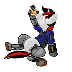 Size: 760x760 | Tagged: safe, artist:kalemon, oc, oc only, oc:blackjack, cyborg, pony, unicorn, fallout equestria, fallout equestria: project horizons, alcohol, alcoholism, amputee, bottle, clothes, cyber legs, cybernetic legs, drink, drinking, fanfic, fanfic art, female, hooves, horn, jumpsuit, mare, pipbuck, queen whiskey, security armor, simple background, sitting, solo, transparent background, vault suit, whiskey
