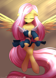 Size: 2916x4000 | Tagged: dead source, safe, artist:spittfireart, fluttershy, pegasus, pony, g4, clothes, crossover, disgaea, eyes closed, female, floating, healer, hoofband, paraskirt, solo, spread wings, wings