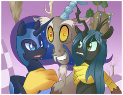 Size: 1050x816 | Tagged: dead source, safe, artist:sallymon, derpy hooves, discord, nightmare moon, queen chrysalis, changeling, changeling queen, pegasus, pony, g4, female, mare