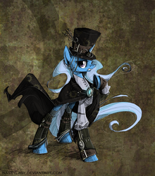 Size: 800x910 | Tagged: safe, artist:nastylady, trixie, pony, unicorn, g4, abstract background, cloak, clothes, female, hat, mare, raised hoof, solo, steampunk, top hat