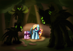 Size: 1318x930 | Tagged: safe, artist:ctb-36, rainbow dash, scootaloo, twilight sparkle, g4, ambush, forest, monster