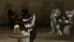 Size: 2240x1260 | Tagged: safe, artist:zedrin, bon bon, lyra heartstrings, octavia melody, sweetie drops, earth pony, pony, unicorn, g4, clothes, female, mafia, mafia octavia, mare, suit