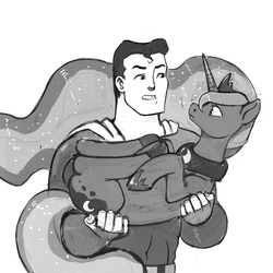 Size: 1280x1280 | Tagged: safe, artist:kevinsano, princess luna, alicorn, human, pony, g4, crossover, duo, female, grayscale, holding a pony, human and pony, male, mare, monochrome, simple background, superman