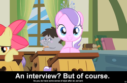 Size: 1024x672 | Tagged: safe, edit, edited screencap, screencap, apple bloom, diamond tiara, truffle shuffle, earth pony, pony, comic:celestia's servant interview, g4, book, caption, colt, filly, foal, interview, meta, motivational poster, ponyville schoolhouse, school, tiara