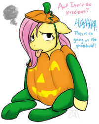 Size: 712x884 | Tagged: safe, artist:cartoonlion, fluttershy, oc, oc:futashy, pony, futaverse, g4, costume, dialogue, filly, halloween, holiday, intersex, jack-o-lantern, pumpkin, simple background, solo, tongue out, white background, younger